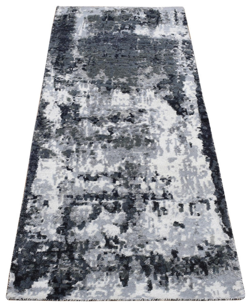 Olive Black Abstract Design Wool and Silk Hand Knotted Runner Rug 2'7" x 6'2"