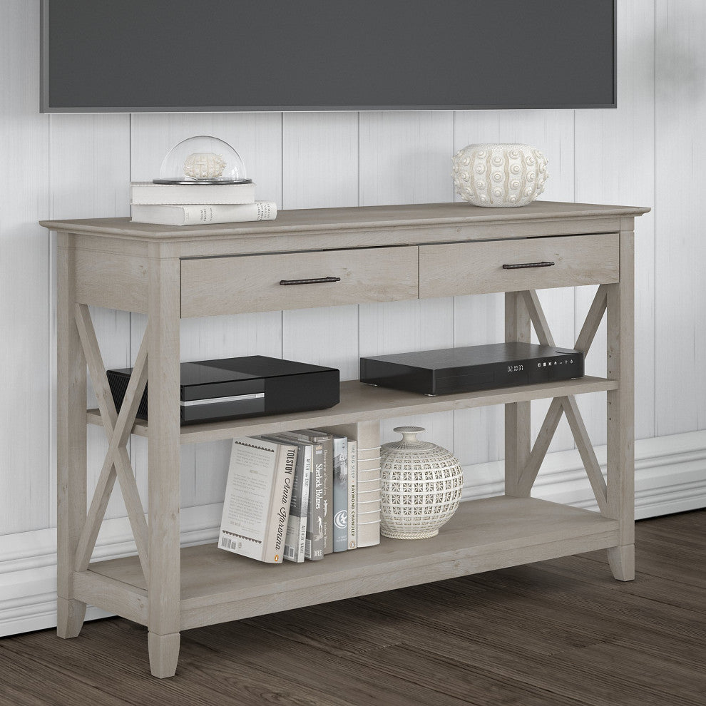 Key West Console Table With Drawers and Shelves, Washed Gray