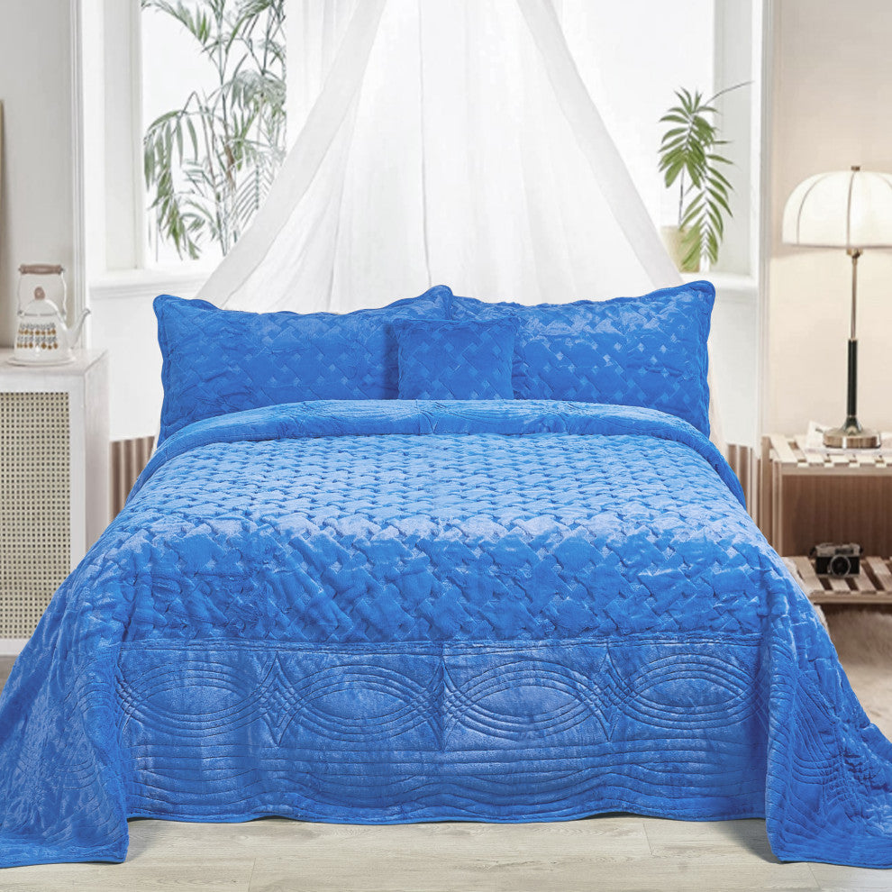 Tatami Quilted Faux Fur Bedspread Set, Palace Blue, Queen