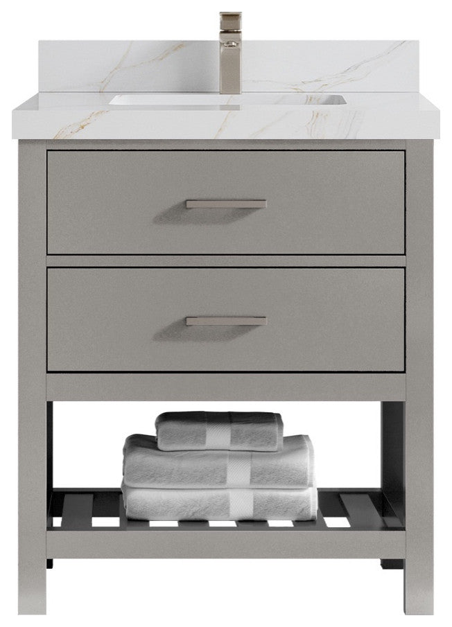 Parker 30" Single Sink Bath Vanity, Elephant Skin Gray 2" Calacatta Sienna