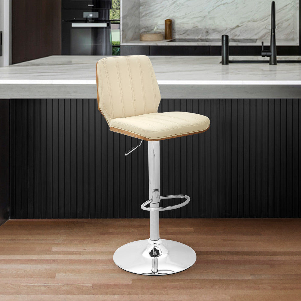 Sabine Adjustable Swivel Faux Leather and Black Metal Bar Stool, Cream