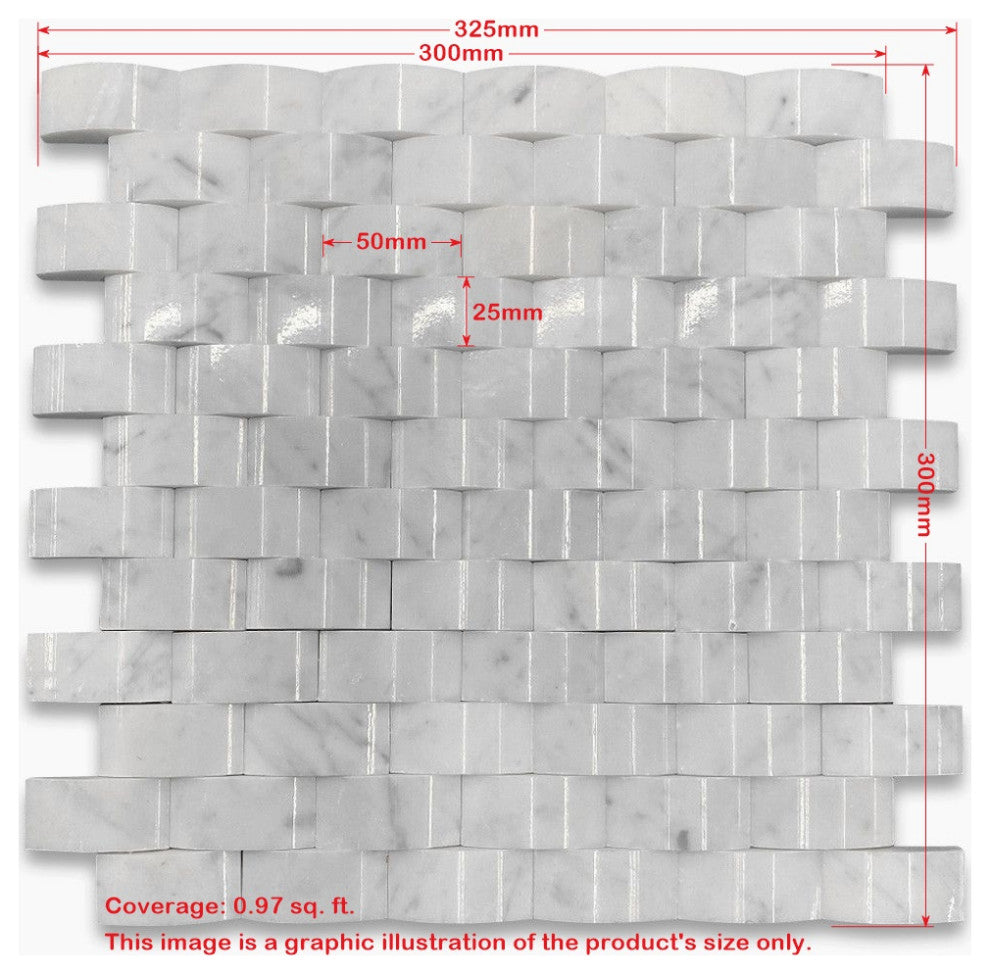 Carrara Marble 3D Cambered 1x2 Arched Mosaic Tile Honed Venato Carrera, 1 sheet