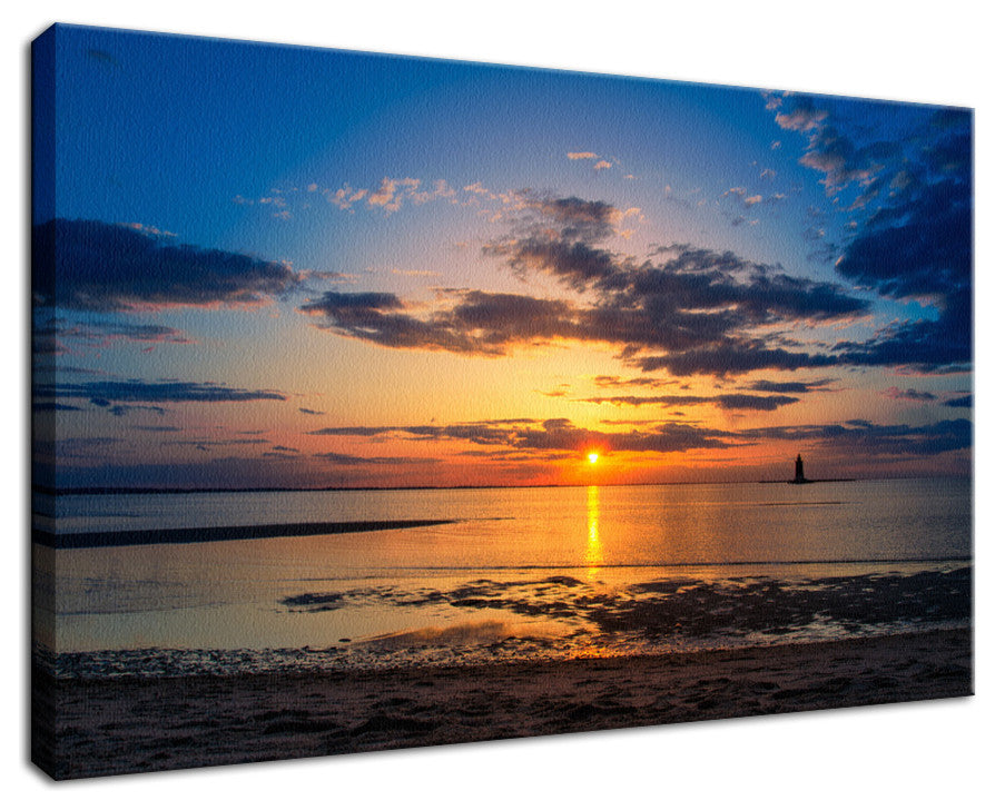 Sunset at Breakwater Lighthouse Coastal Landscape Photo Canvas Print, 24" X 36"