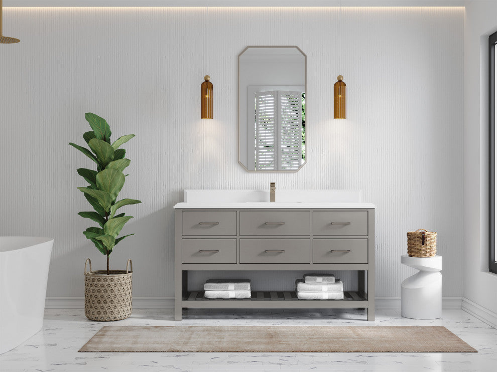 Parker 60 Single Sink Bathroom Vanity in Elephant Skin Gray  1.5" White Quartz