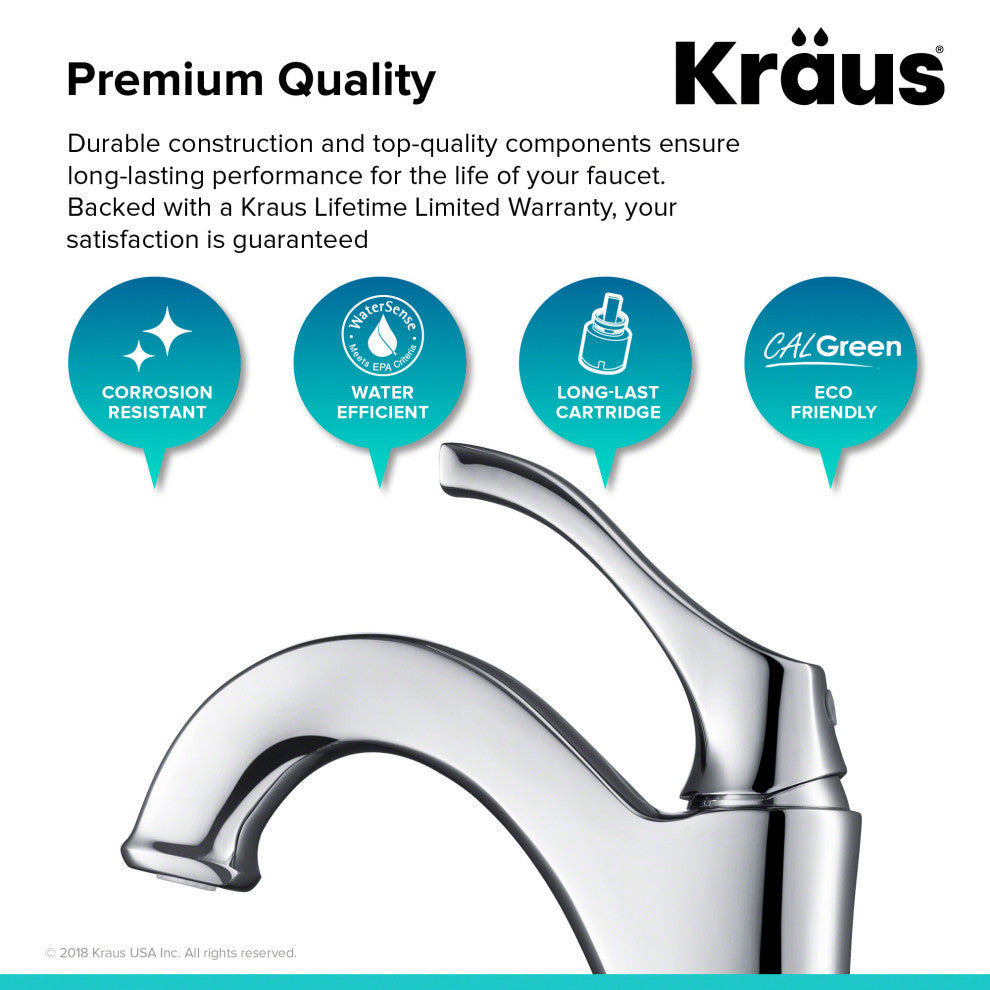 Kraus Arlo Single Handle Vessel Faucet, Pop Up Drain, Chrome, Set of 2