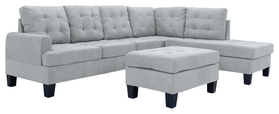 Microfiber Sectional Sofa With Reversible Chaise and Ottoman, 3-Piece Set, Gray