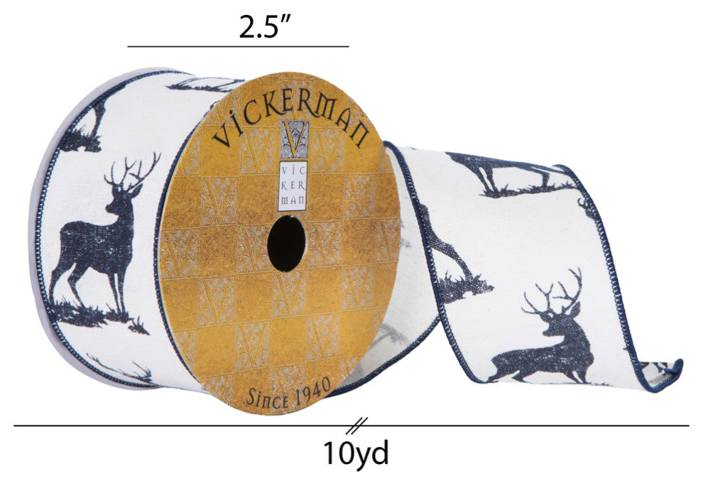 Vickerman Q202743 2.5"X10 Yard Ivory And Dark Blue Buck Print Christmas Ribbon