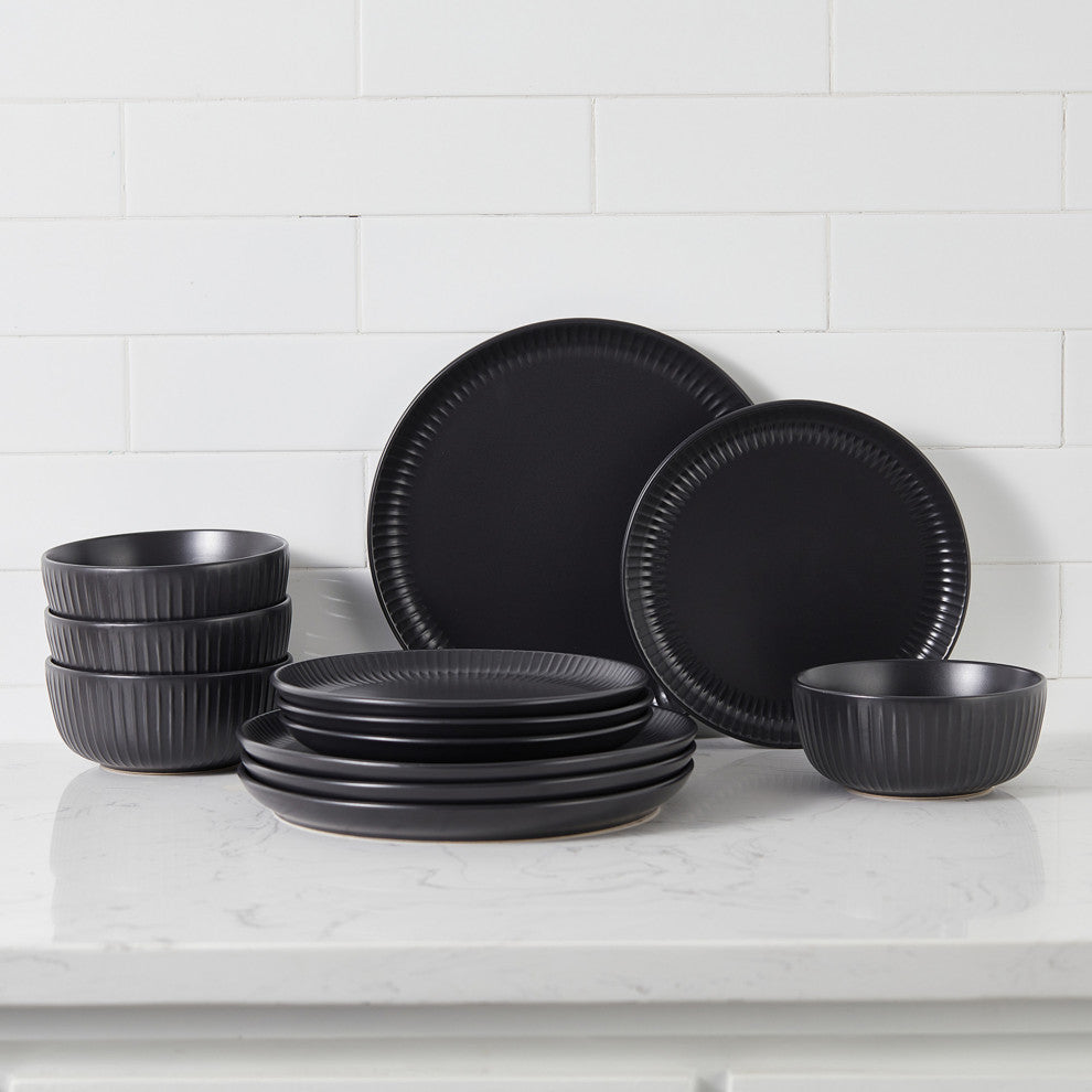 Stone Lain Logan Stoneware 24 Piece Dinnerware Set, Black