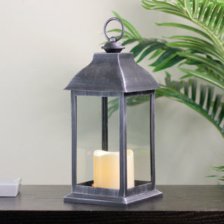 12.5" Silver Brushed Black Candle Lantern With Flameless LED Candle
