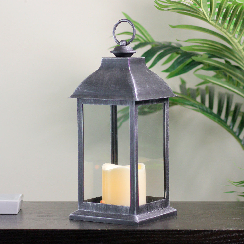 12.5" Silver Brushed Black Candle Lantern With Flameless LED Candle