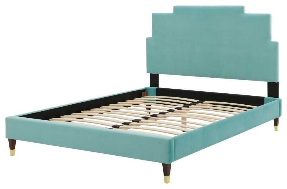 Platform Bed Frame, King Size, Velvet, Blue, Modern Contemporary, Bedroom Master