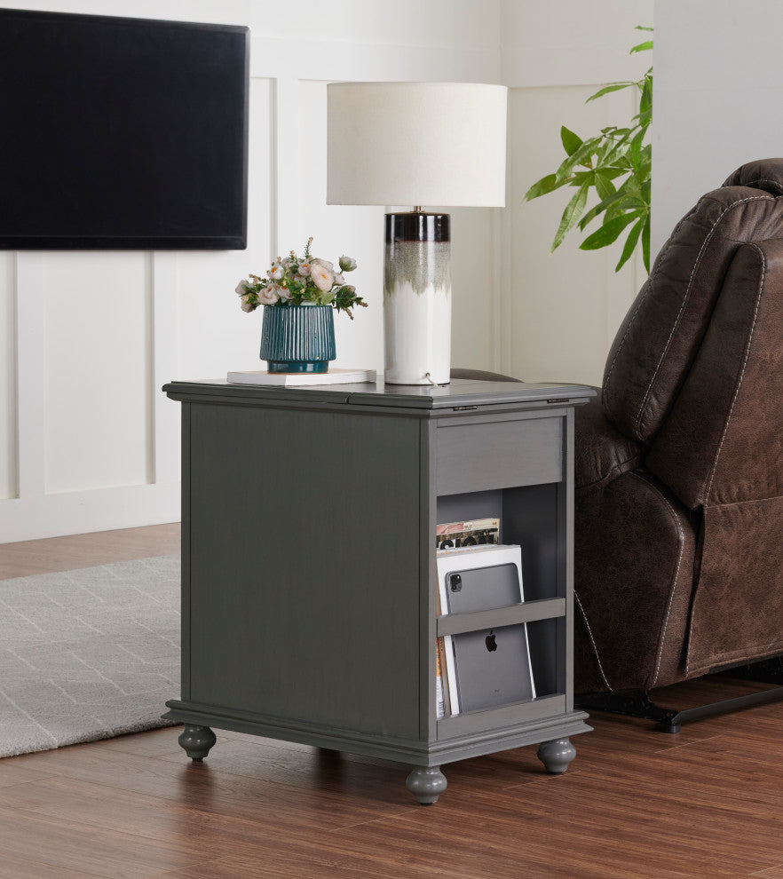 Elegant Chairside Table with Charging Station, Grey