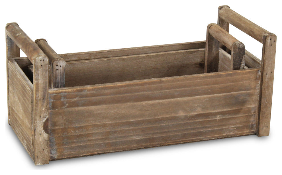 Distressed Wooden Ledge Planters With Handles, Set of 2