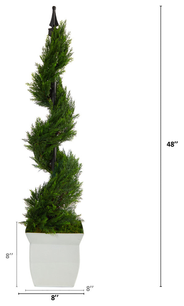 4' Cypress Spiral Topiary Artificial Tree, White Metal Planter