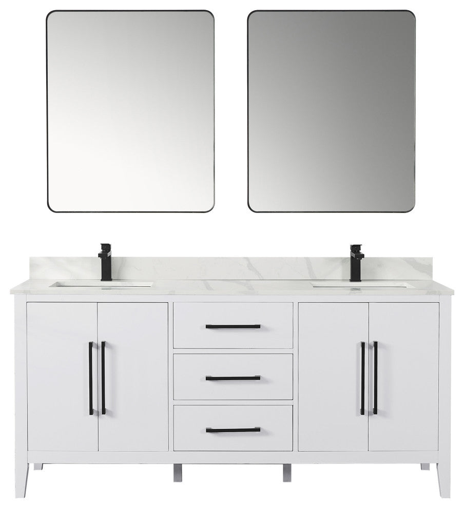 Laurel Bathroom Vanity with Calacatta White Quartz Stone Countertop, White, 72", With Mirror