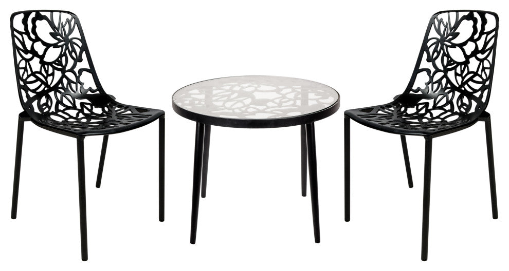 LeisureMod Devon Outdoor Dining Set with Glass Table and 2 Chairs, Black