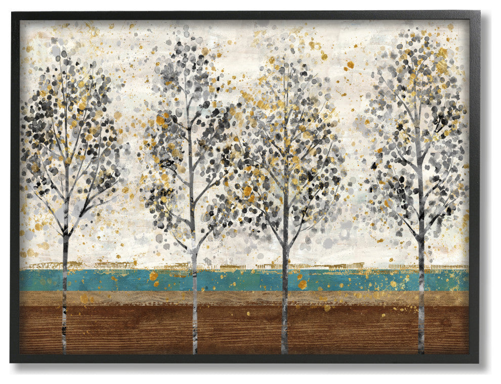Tree Line Abstract Gold Blue Landscape Painting, 11"x14", Black Frame