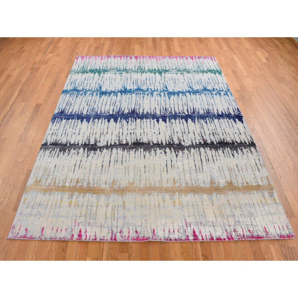 Cream Color The Cardiac Sari Silk With Textured Wool Hand Knotted Rug 8'x10'3"