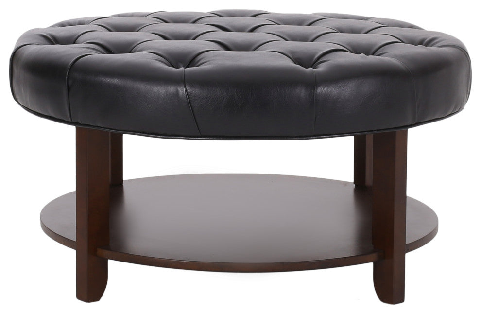 Baynes Faux Leather Tufted Wood Round Ottoman, Open Shelf, Midnight + Espresso