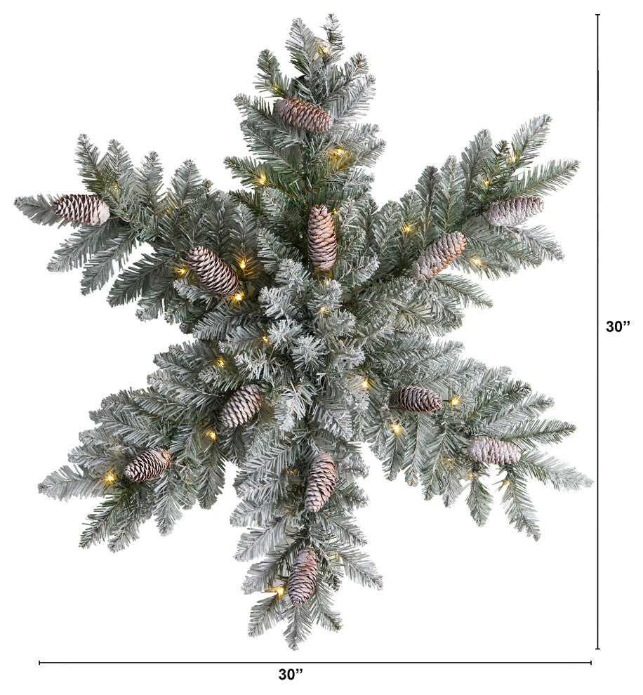 30" Pre-Lit Flocked Snowflake Dunhill Fir Wreath With Pinecones & 40 LED Lights