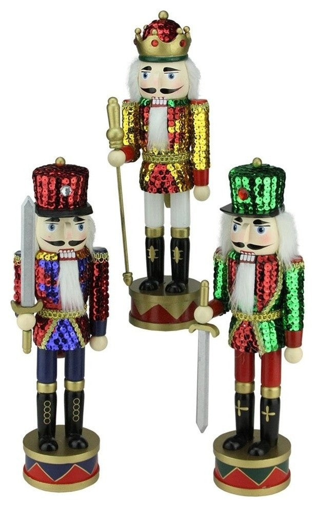 Decorative Wooden Sequin Jacket Christmas Nutcracker 14", 3-Piece Set