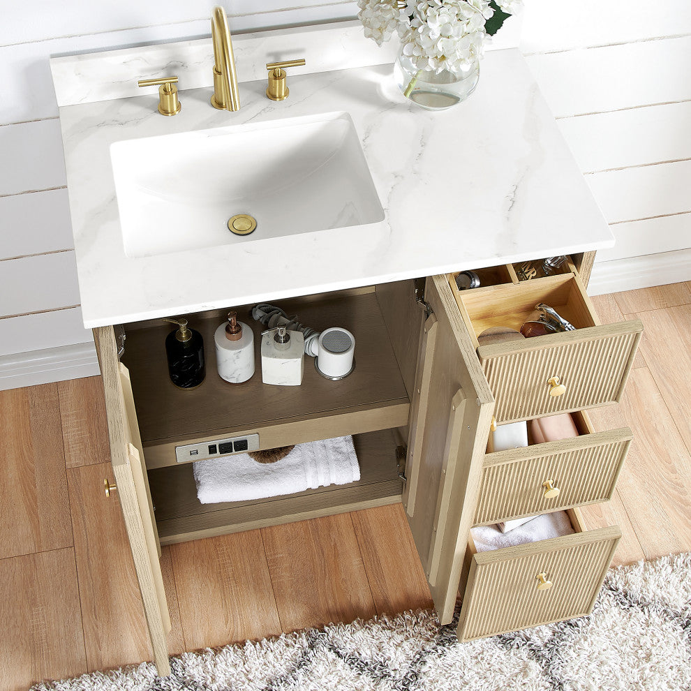 Oza Bath Vanity with Quartz Stone Top, Aged Natural Oak, 36", Single Vanity, No Mirror