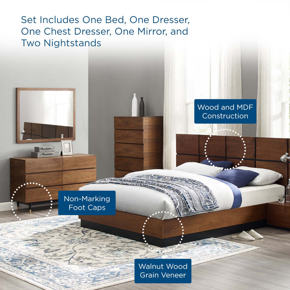 Queen Bed Dresser Chest Nightstand Set, Wood, Brown Walnut, Modern Room