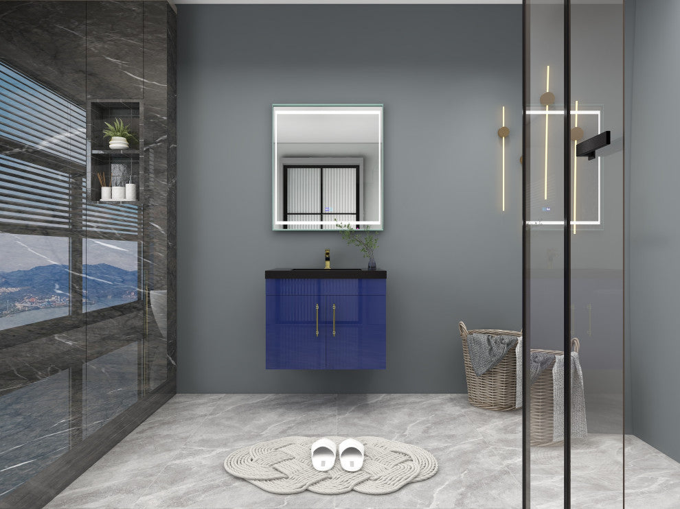 Rosa 30" Wall Mounted Modern Vanity, High Gloss Night Blue, Matt Black Top
