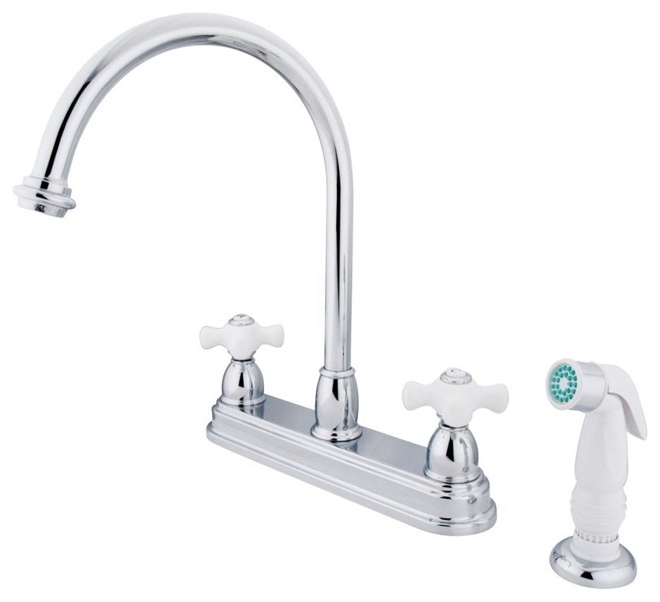Restoration Two Handle 8" Kitchen Faucet with White Non-Metallic Sprayer