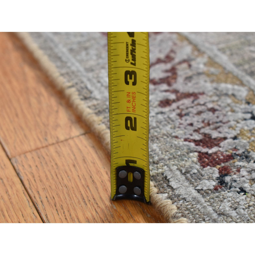 Gray, Erased Tulip Design Silk With Wool Hand Knotted Runner Rug, 2'6"x9'10"