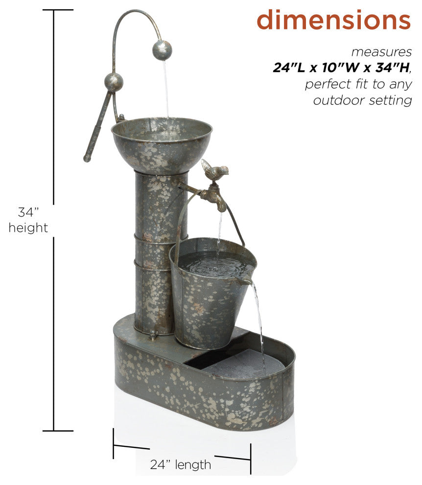 34" Tall Outdoor 3-Tier Rustic Metal Water Pump Fountain