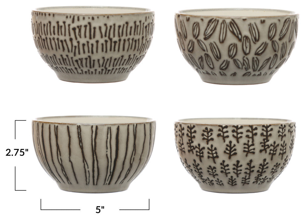 5" Round Stoneware Bowl Dinnerware Set, 4 Various Wax Patterns, Cream, Set of 12