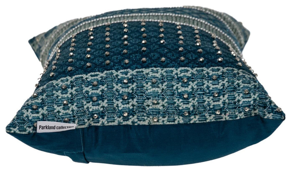 Blue and Aqua Beaded Embroidered Decorative Throw Pillow