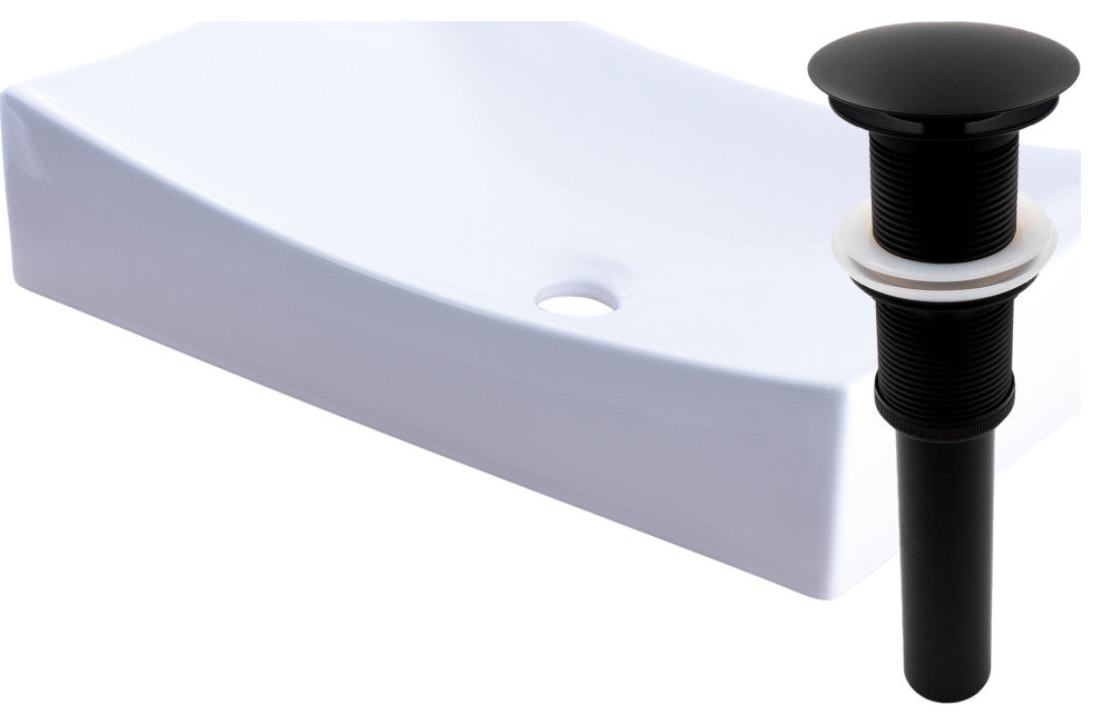 Modern White Rectangle Porcelain Vessel Sink with Drain, Matte Black