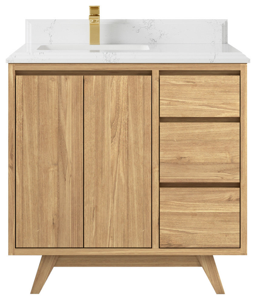 Madison Teak 36 Left Offset Bath Vanity in Light Natural 1.5" Empira Quartz