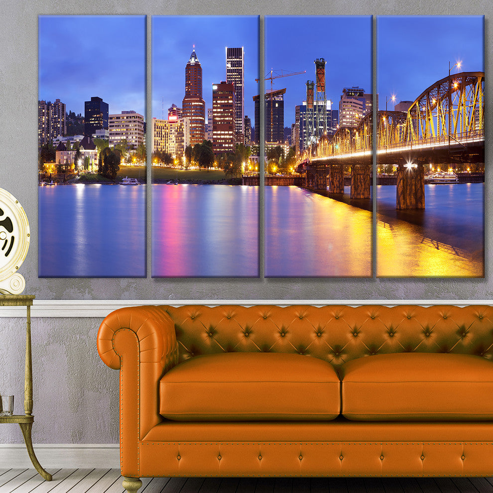 Skyline across the Willamette River, Cityscape Canvas Print, 48"x28", 4 Panels