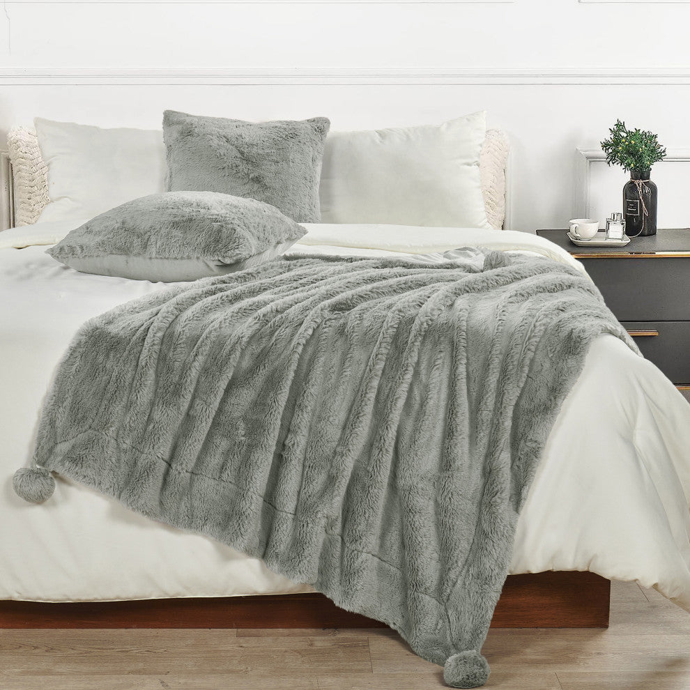 Pompom Faux Fur Throw With 2 Pillows, Silver