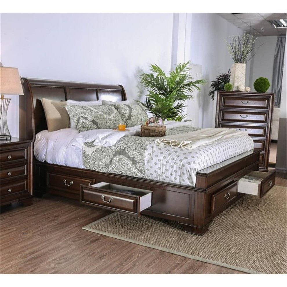 Bowery Hill Transitional Wood Queen Storage Platform Bed in Cherry