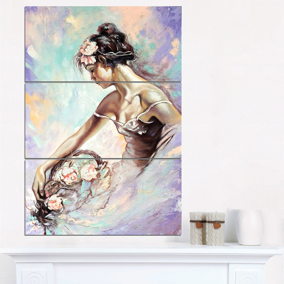 "Girl With Flower Bouquet" Glossy Metal Wall Art, 3 Panels, 28"x36"