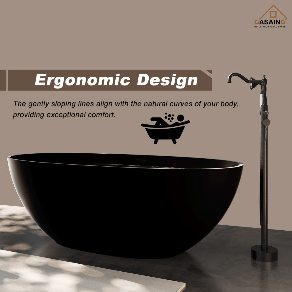 65in Solid Surface Freestanding Bathtub in Matte Black, Matte Black