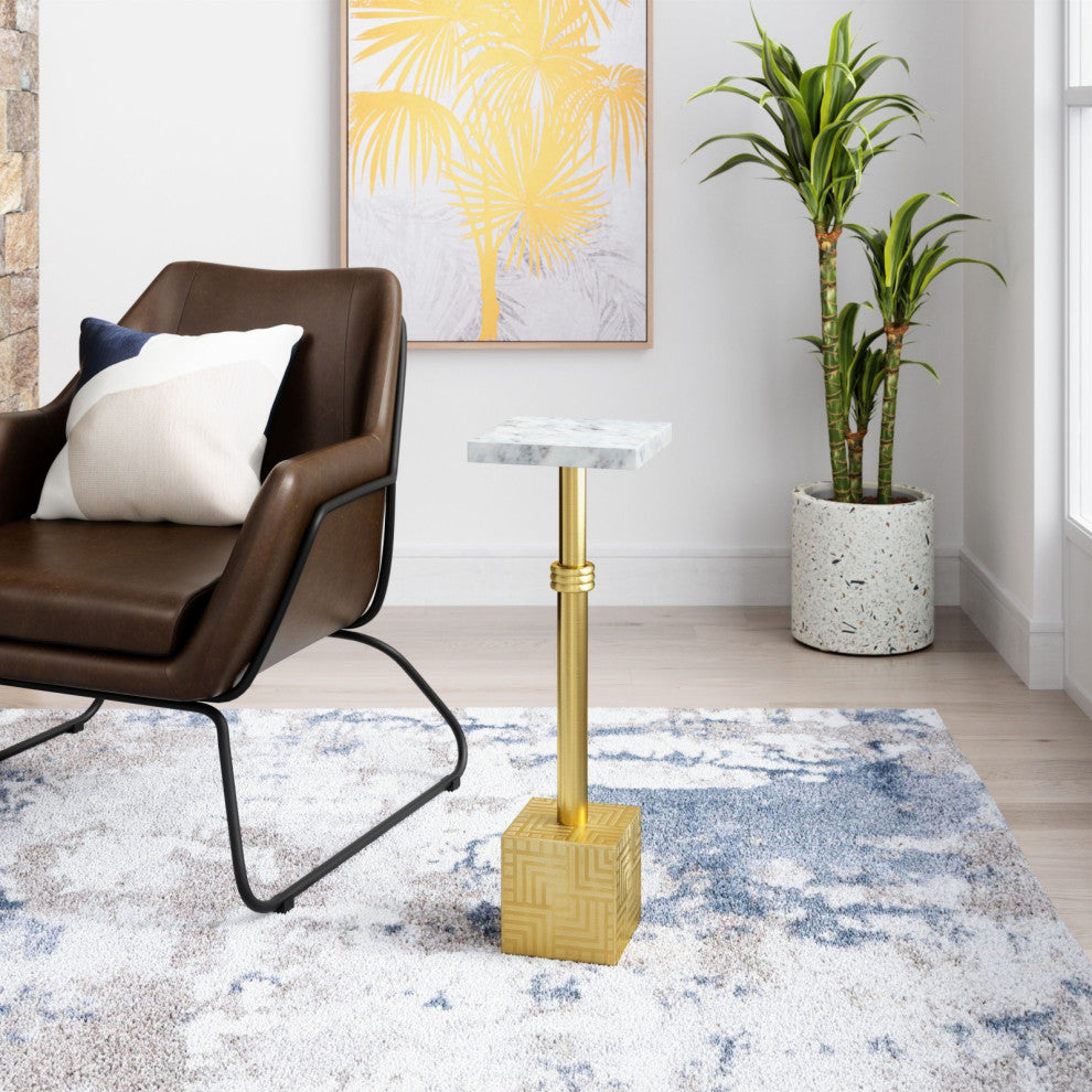 Sofa Side Table, Square, Artificial Marble, Iron Metal, White, Gold, Lounge