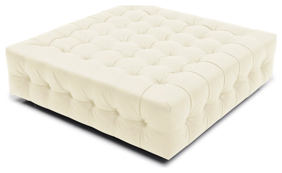 Modern Tufted Fabric Upholstered Sonja Ottoman, Cream