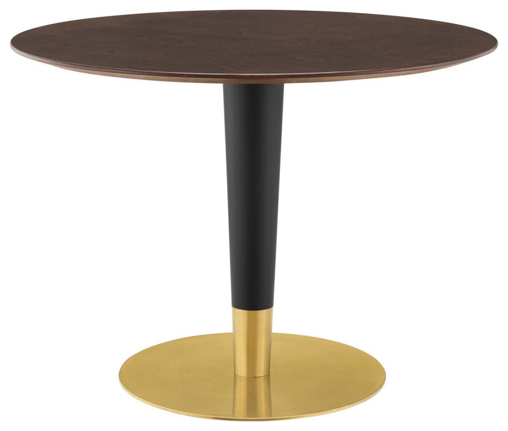 Dining Table, Round, Wood, Metal, Gold Dark Brown Brown Walnut, Modern, Bistro