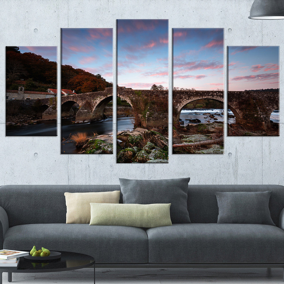 "Old Roman Bridge in Spain" Landscape Canvas Photo Print, 5 Panels, 60"x32"