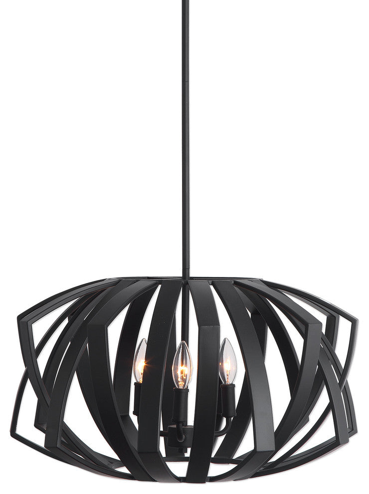 Mid Century Modern Woven Black Metal Cage Pendant, 3 Light Chandelier Round