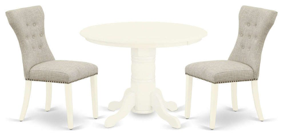 3Pc Kitchen Set, Round Dinner Table, 2 Chairs, Doeskin Chairs Seat, Linen White