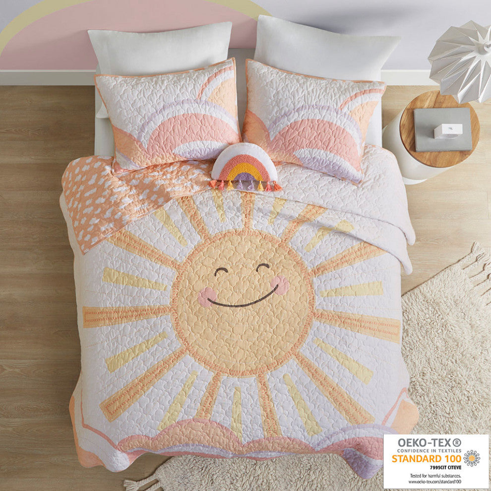 UrbanHabitat Kids Reversible Sunshine Printed Cotton Quilt Set With Throw Pillow