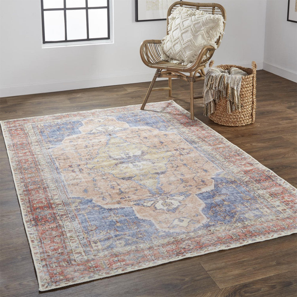 Prescott Vintage Machine Washable Rust/Blue Rug, 7'10"x9'10"