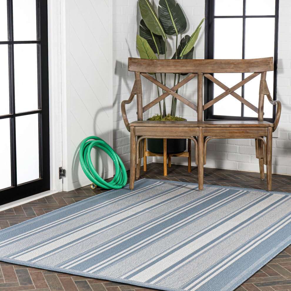 Haynes Modern Double Stripe Indoor/Outdoor Area Rug, Blue/Light Gray, 4x6