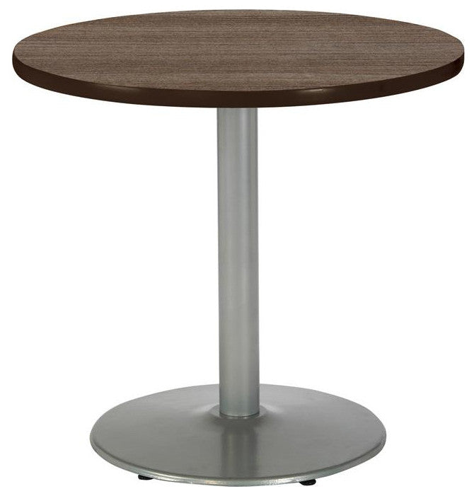 KFI Mode 36" Round Breakroom Table with Teak Round Silver Base Counter Height